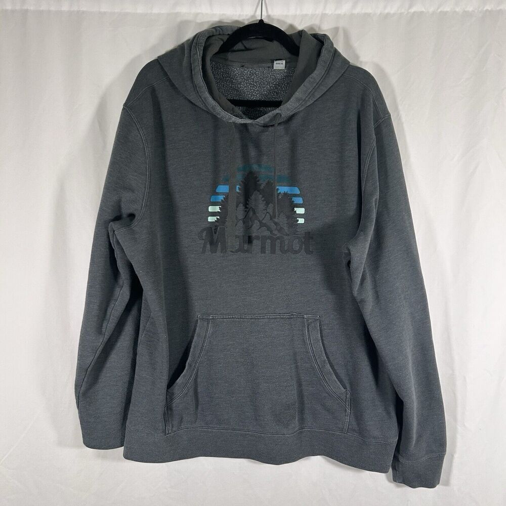 Marmot Hoodie Men's XL Grey Mountain Graphic Print Drawstring Pullover Pockets